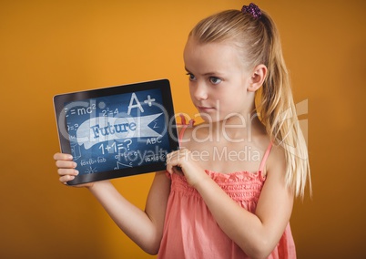 Girl holding a tablet with school icons on screen