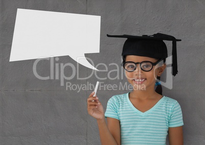 Student girl with speech bubble against grey background