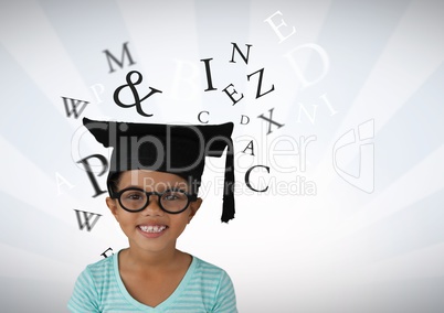 Many letters around Girl with graduation hat and bright streaked background
