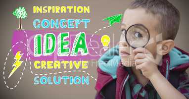 Boy holding magnifying glass next to colorful creative concept idea graphics