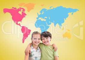 Boy and girl hugging in front of colorful world map