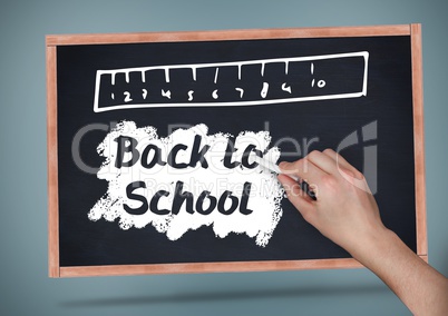 Hand writing Back to school  text with ruler on blackboard