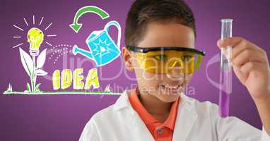 Boy scientist with test tube and colorful idea graphics