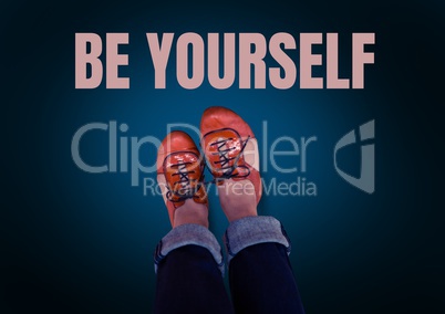 Be yourself text and Red shoes on feet with blue background