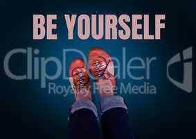 Be yourself text and Red shoes on feet with blue background