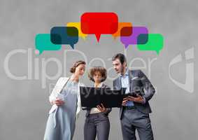 Business people with speech bubbles against grey background