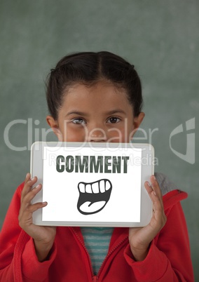 Comment text and cartoon mouth graphic on tablet screen with girl