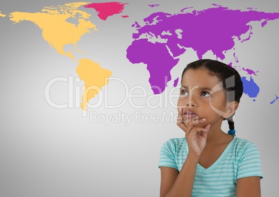 Girl thinking in front of colorful world map