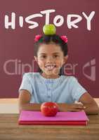 Happy student girl at table against red blackboard with history text