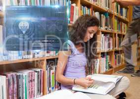 Female Student studying with book and science education interface graphics overlay