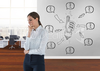 Business woman thinking in a 3D room with a conceptual graphic on the wall