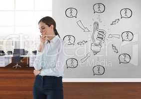 Business woman thinking in a 3D room with a conceptual graphic on the wall