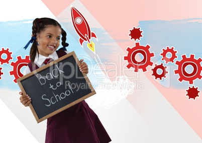 Girl holding blackboard with back to school text and rocket cogs graphics