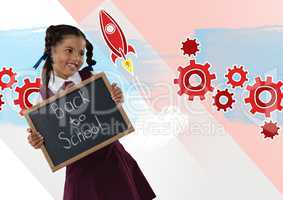 Girl holding blackboard with back to school text and rocket cogs graphics