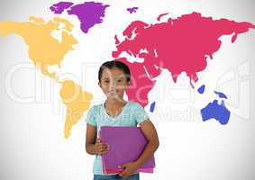 Schoolgirl in front of colorful world map