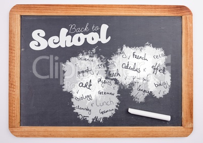 school subjects and back to school text on blackboard