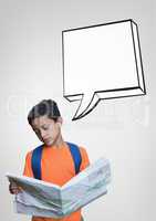 Student boy with speech bubble reading the newspaper against grey background