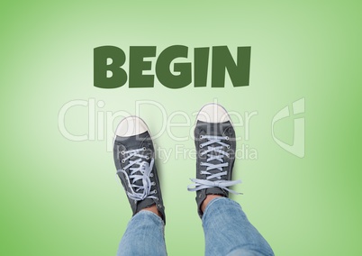Being text and grey shoes on feet with green background