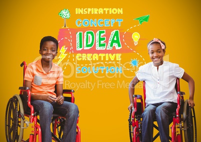 Disabled boys in wheelchairs with colorful idea concept graphics