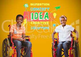 Disabled boys in wheelchairs with colorful idea concept graphics