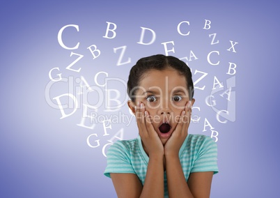 Many letters around Girl surprised in front of purple background