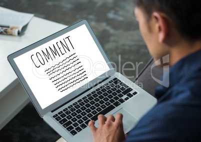 Comment text and graphic on laptop screen with mans hands