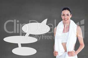 Fitness woman with speech bubbles standing against grey background