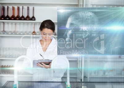 Female Student studying with notes and science education interface graphics overlay