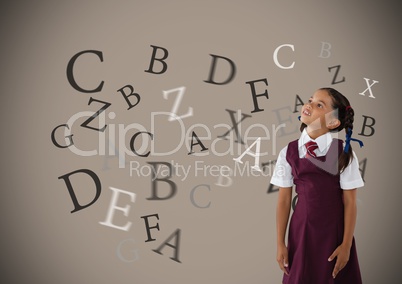 Many letters around Schoolgirl with brown background