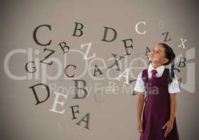 Many letters around Schoolgirl with brown background