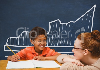 Student boy and teacher at table against blue blackboard with school and education graphic