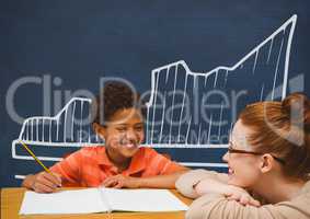 Student boy and teacher at table against blue blackboard with school and education graphic