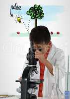Schoolboy scientist in lab with colorful idea graphics
