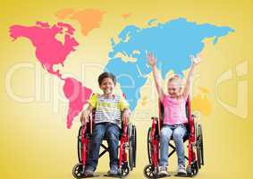 Disabled boy and girl in wheelchairs in front of colorful world map