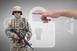 Hand pointing at soldier against grey background with a lock icon