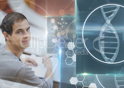 Male Student studying with notes and science education interface graphics overlay