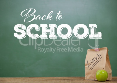 Lunch on Desk foreground with blackboard graphics of Back to school