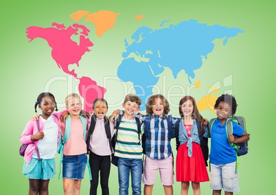 Multicultural School kids  in front of colorful world map