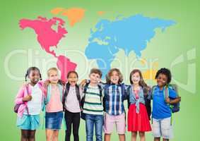 Multicultural School kids  in front of colorful world map