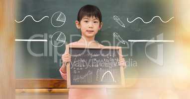 Little girl holding blackboard with math equations and diagrams