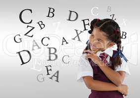 Many letters around Schoolgirl thinking in front of grey background