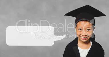 Graduate student girl with speech bubble against grey background