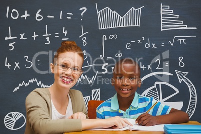 Student boy and teacher at table against blue blackboard with education and school graphics