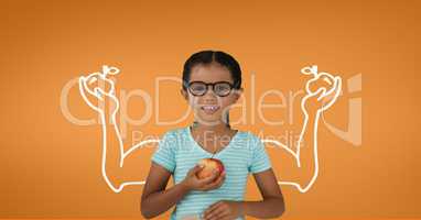 Student girl with fists graphic holding an apple against orange background