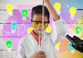 Boy scientist working in lab with colorful light bulb graphics