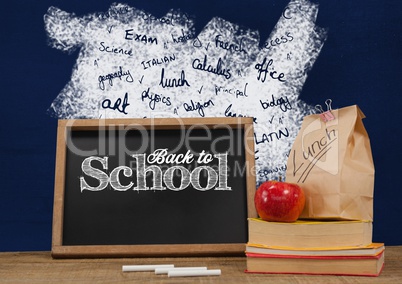 Back to school blackboard on Desk foreground with blackboard graphics of school subjects