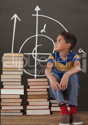 Student boy on a table looking up against grey blackboard with school and education graphic