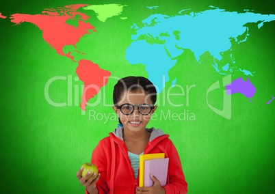 Schoolgirl holding books in front of colorful world map