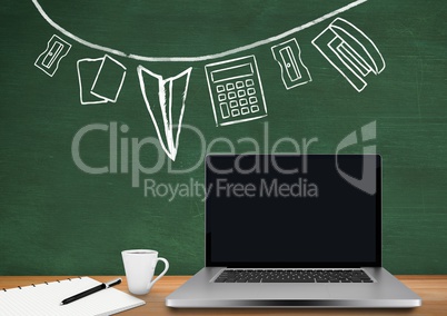 Computer Desk foreground with blackboard graphics of stationery