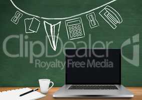 Computer Desk foreground with blackboard graphics of stationery